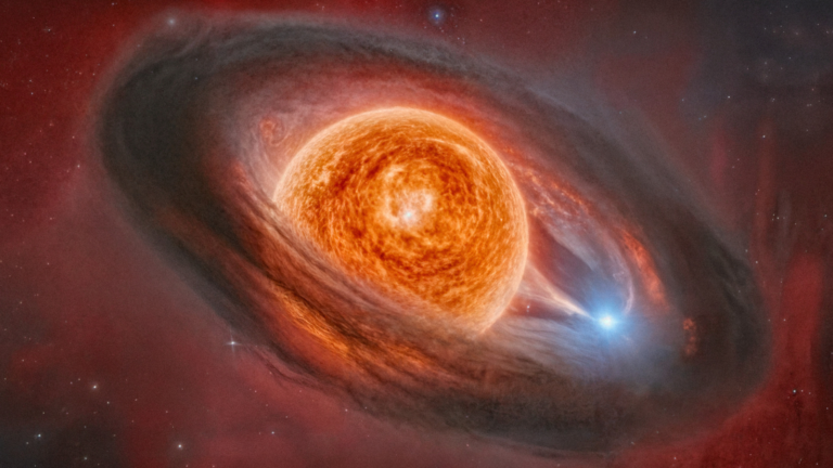 An illustration of an orange sphere in space surrounded by a gray ring of material.
