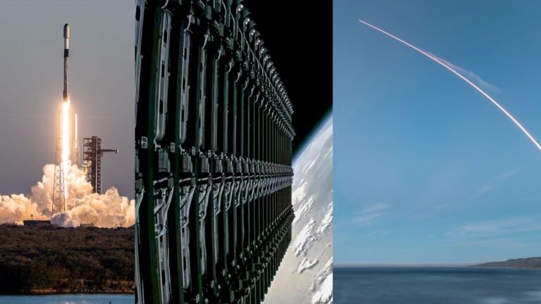 a montage of three photos showing a rocket launch, satellites being deployed into Earth orbit and a timelapse exposure of another rocket launch