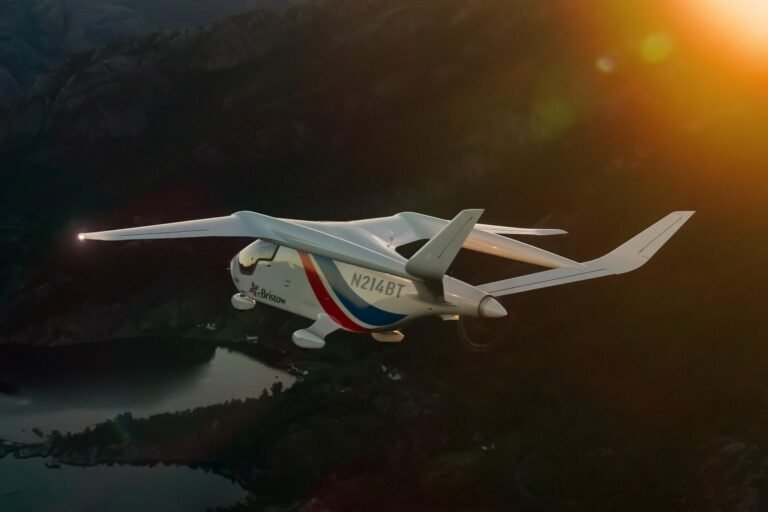 Beta Alia electric aircraft with Bristow livery flies over Norway during flight testing