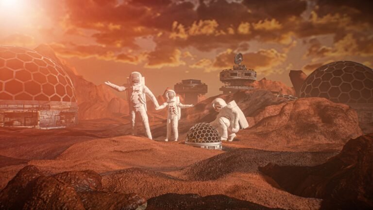 Two adult astronauts and one child-sized astronaut with dark helmets stand on a red surface with domed buildings nearby