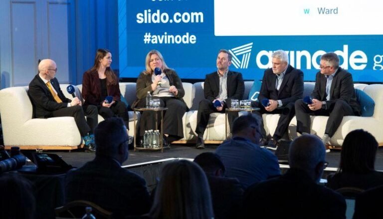 The panel at CJI London. From left to right: Sebastian Larue, Pratt & Whitney Canada; Lindsey Gillen, Rolls-Royce; Daniela Nova, Honeywell; Paul Gibson, Collins Aerospace; George Tsopeis, Bombardier; Greg Norwood, GE Aerospace.