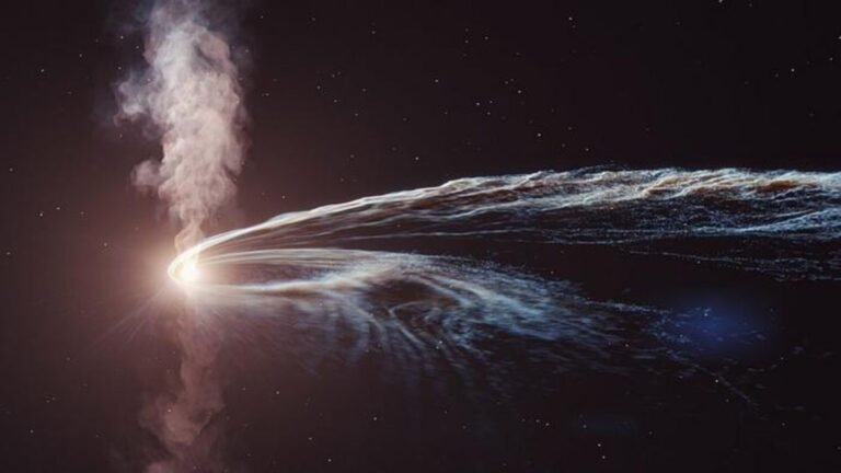 An artistic representation of a tidal disruption event, or a black hole shredding a star.