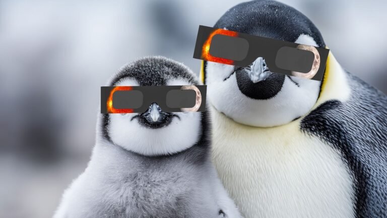 an adult penguin (right) and a baby penguin (left) are looking at the camera wearing solar eclipse glasses.