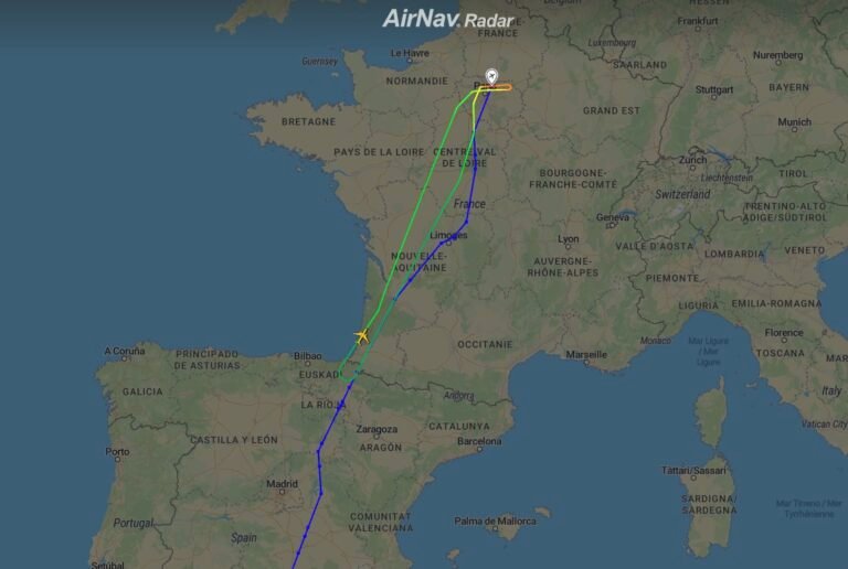 Air France flight AF908 declared an emergency and turned around over North of Spain
