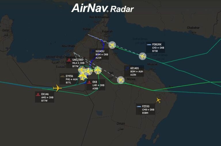 All flights to Dubai and Abu Dhabi are currently circling due to an ongoing drone or missile attack