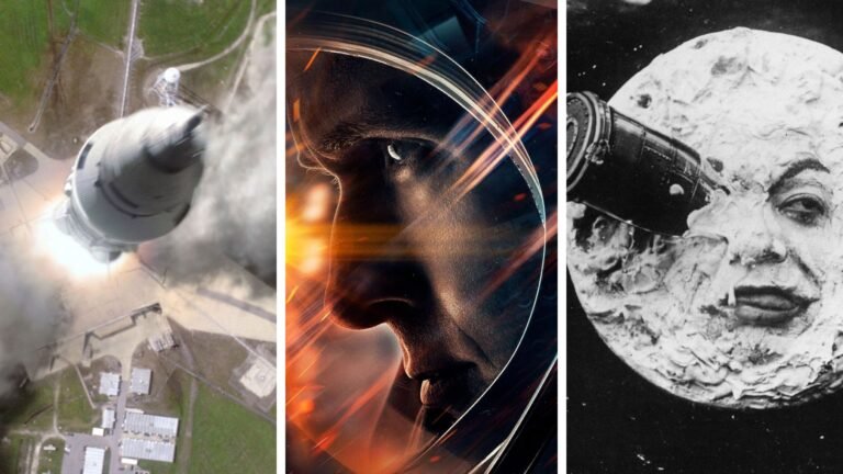 Split image showing three moon mission movies: Apollo 13, First Man, and A Trip To The Moon.