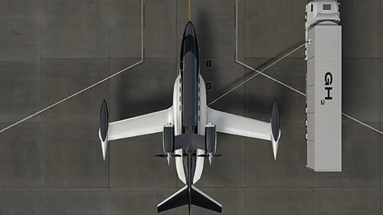 Beyond Aero Evolves Hydrogen-Electric Business Aircraft Design aerial view of BYA-1 and truck