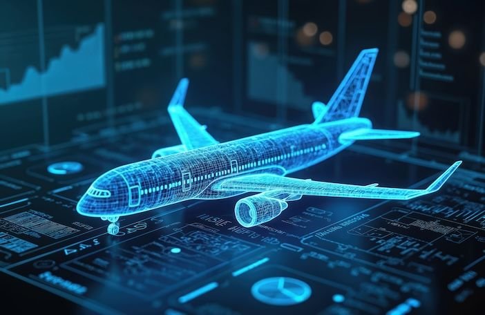 Charting the digital future for commercial aerospace A futuristic hologram interface showing airplane manufacturing