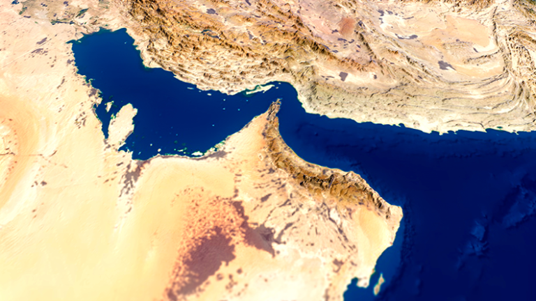 Chubb updates on US Gulf reinsurance plan Strait of Hormuz and satellite view of Iran, United Arab Emirates, Qatar, Bahrain and Oman