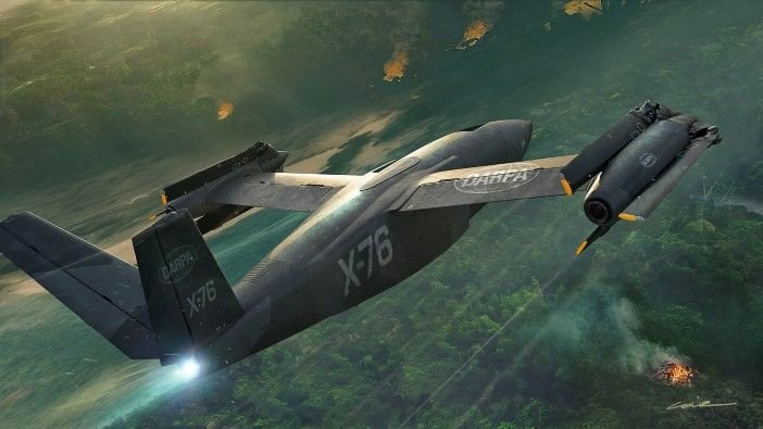 DARPA names fold-away rotor aircraft X-76 ahead of 2028 first flight Artist's rendering of the SPRINT X-76 aircraft in flight, showing the stop-fold tiltrotor configuration with folded rotor blades and twin nacelles