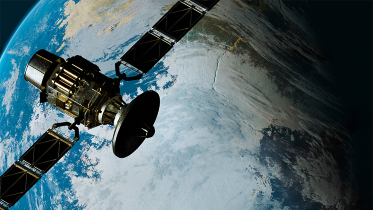 Satellite in space passing planet, 3D animation