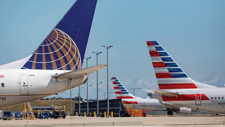 tails of aircraft with United and American livery