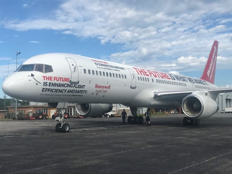 Honeywell Aerospace's Boeing 757-200 testbed parked at an airport
