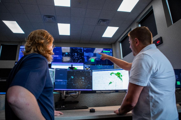 Two people operate Thales Vantis radar systems