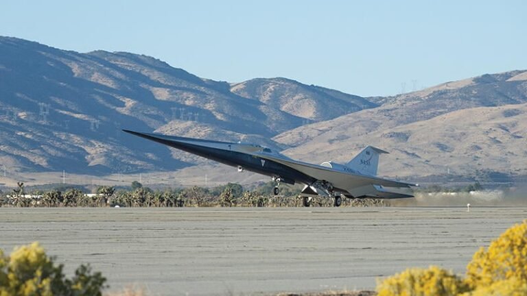 NASA’s X-59 supersonic research aircraft, lifting off from U.S. Air Force Plant 42 in Palmdale, California
