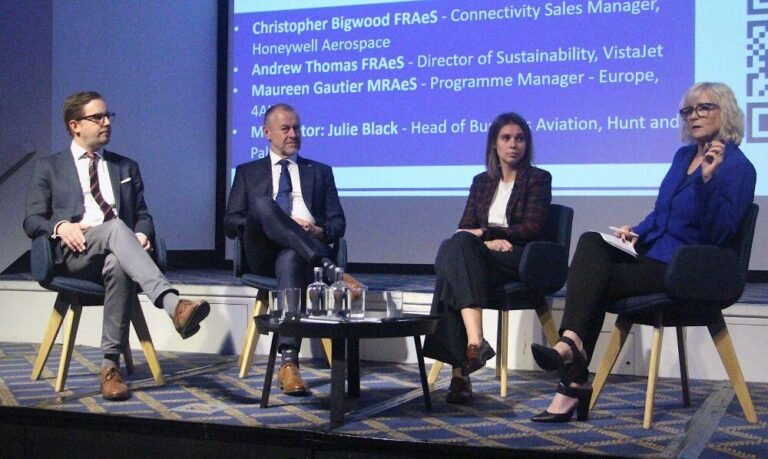 The RAeS panel, from left to right: Vista's Andrew Thomas, Chris Bigwood of Honeywell, 4Air's Maureen Gautier, and Julie Black of Hunt & Palmer credit: Angus Batey