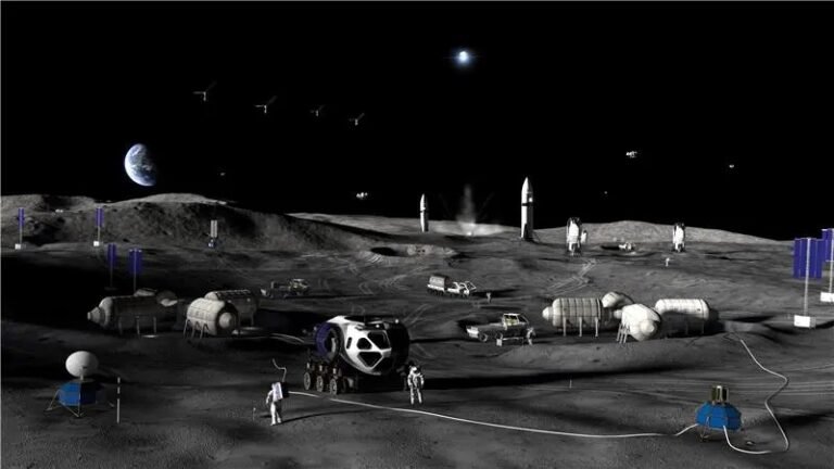 NASA’s $30B Plan to Build a Moon Base NASA moon base artist's concept featuring LTVs, HLS, rovers, landers, drones, lunar habitats