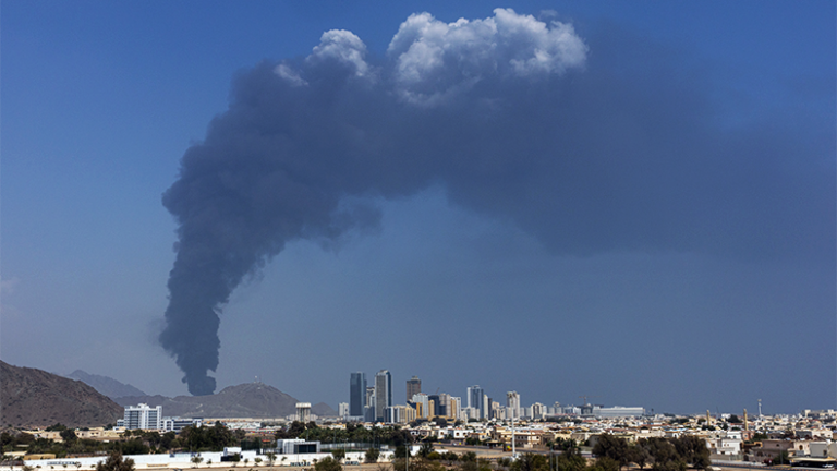 Smoke rises after an explosion in the industrial zone at Fujairah, United Arab Emirates