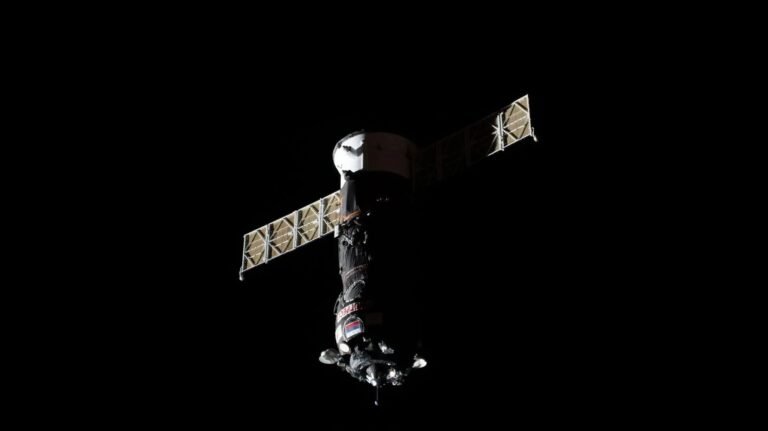 Watch Russia launch Progress 94 cargo ship to the ISS on March 22 photo of a gray cylindrical spacecraft in deep space