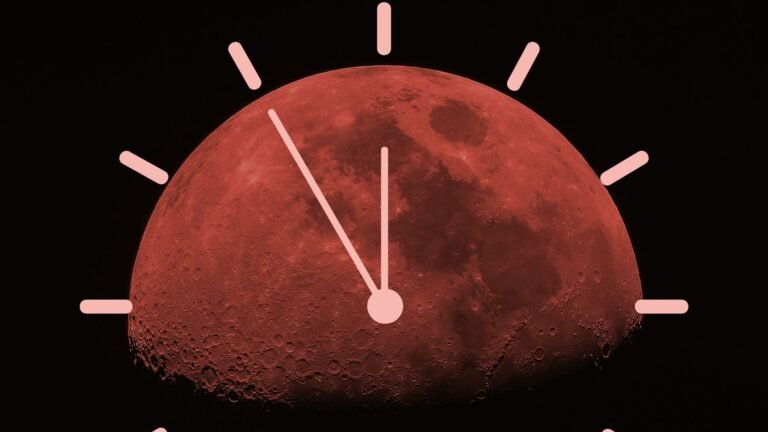 What time is the blood moon total lunar eclipse on March 3? graphic showing close up blood red moon during total lunar eclipse. there is a vector graphic of a clock face overlaid on top.
