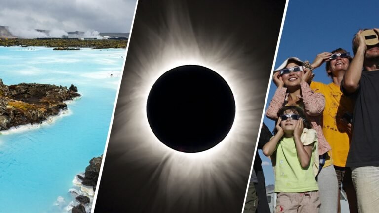 10 epic events for the Aug. 12, 2026, total solar eclipse in Spain and Iceland three panel image on the left is a blue lagoon in iceland, middle is a total solar eclipse and on the right is a group of people wearing eclipse glasses and smiling.