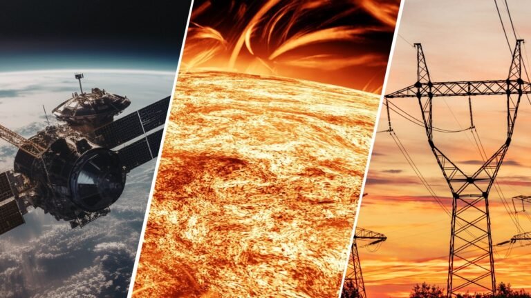 three panel image, left - a satellite in space, middle a close up graphic of the sun, right, powerlines against a vibrant orange sunset sky.