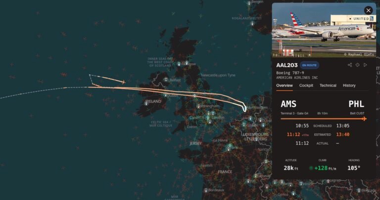 American Airlines AA203 to Philadelphia made a U-turn over Atlantic, expected to divert in Dublin