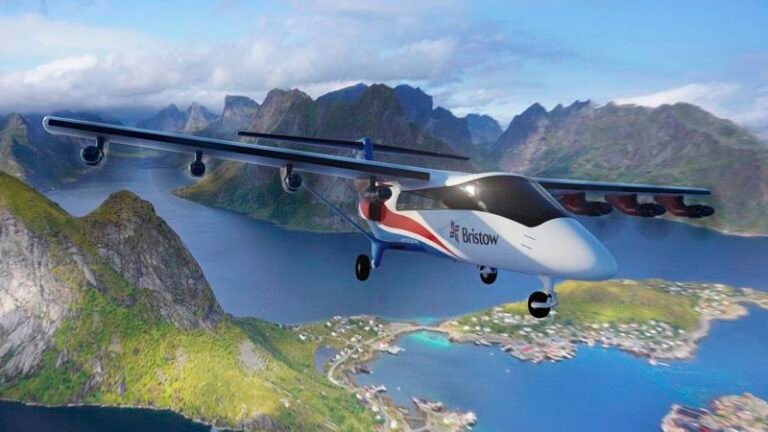 Rendering of the Electra EL9 Ultra Short hybrid-electric aircraft in Bristow livery flying over a mountainous Norwegian coastal landscape