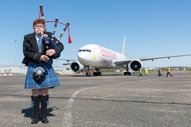 The first Ethiopian Airlines flight to Prestwick was welcomed with a bagpipes performance