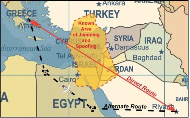 FAA Middle East map showing "known area of jamming and spoofing"