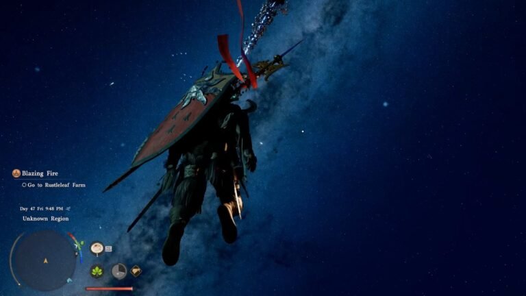 A screenshot from Crimson Desert showing a character flying in space.