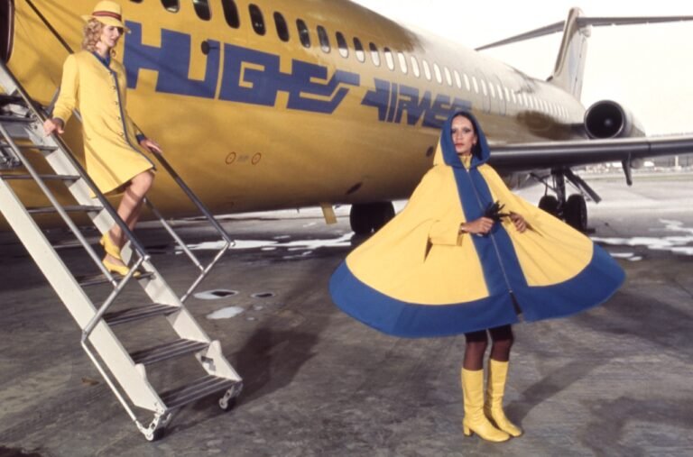 Marge Marques (left) and Zonia Arauzo (model Hughes Airwest flight attendant uniforms for a promotional photo shoot in 1987. [Credit: Museum of Flight]