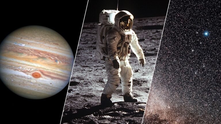 A three panel image showing Jupiter on the left, an astronaut standing on the moon in the middle and a starry night sky on the right.
