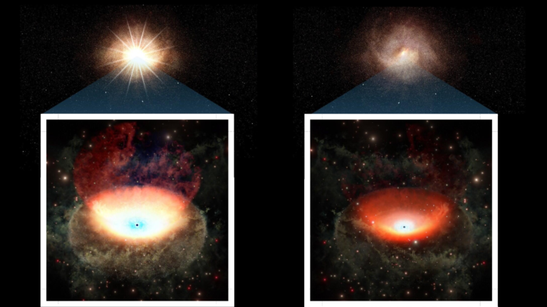On the left, an illustration of a bright object in space. On the right, the same object looks significantly dimmer.