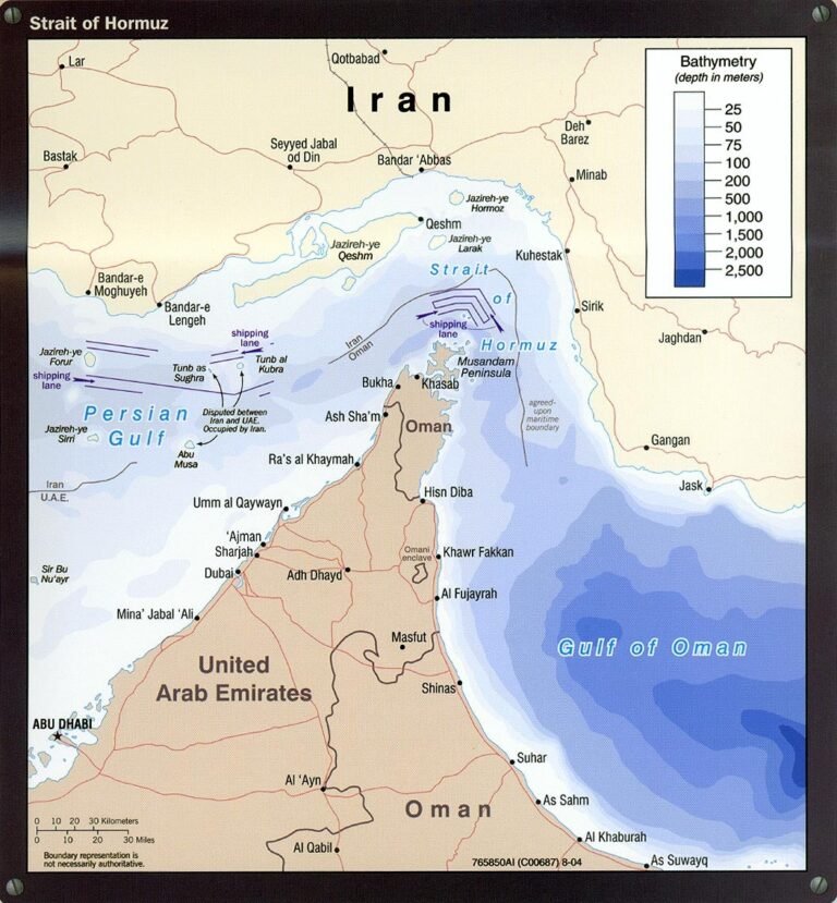 The Strait of Hormuz, showing political boundaries and shipping lanes. (Map: University of Texas Libraries, 2004).