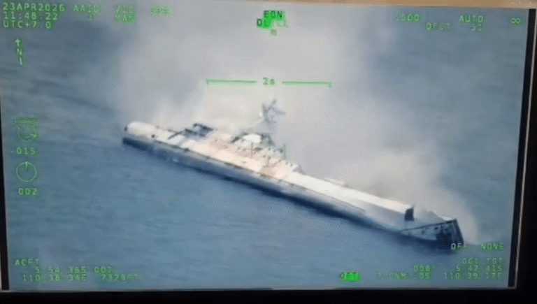 Ex-KRI Teluk Hading (538) sinking after being hit by an Exocet missile. Indonesian Navy picture.