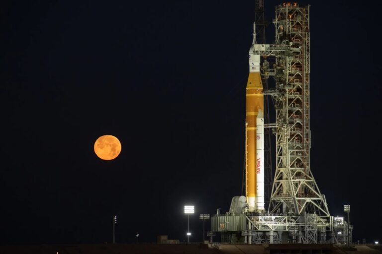 NASA SLS and Orion on the launch pad at Kennedy Space Center in Florida