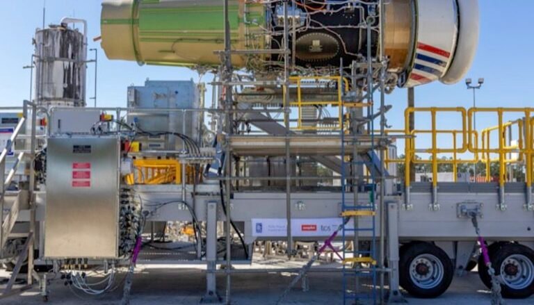 A modified Rolls-Royce Pearl 15 engine on a test stand at NASA's Stennis Space Center during a 100% hydrogen ground test