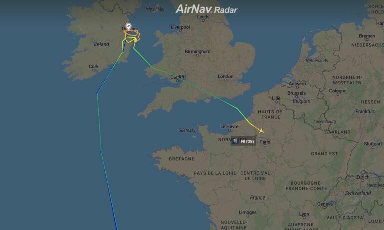 Ryanair flight FR7055 is diverting 740 km away from Dublin due to reported windshear