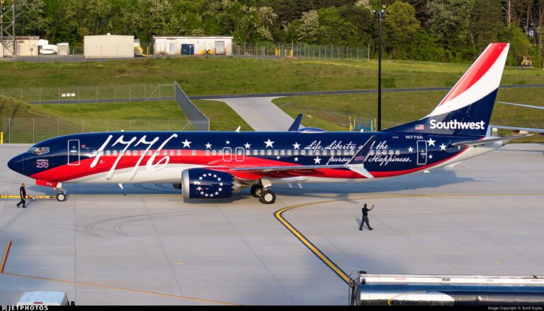 Southwest Airlines’ Independence One livery 737 MAX featuring large stylized "1776" titles and quotations from the Declaration of Independence painted across the fuselage. The ring of stars on the engine cowlings is meant to evoke Betsy Ross’ original flag.