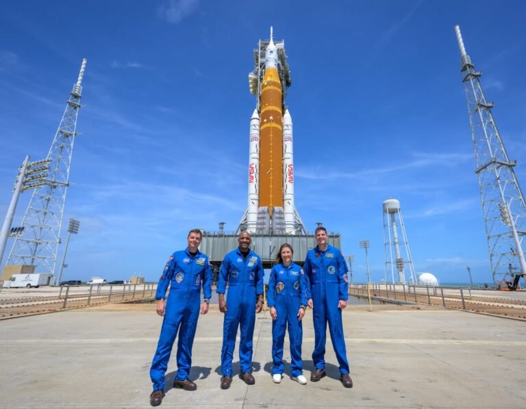 NASA Artemis II moon mission astronauts and SLS rocket at launch pad at Kennedy Space Center in Florida