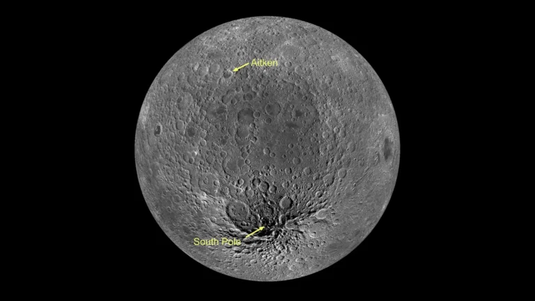 A bizarre ‘decapitated’ asteroid likely made the moon’s largest impact crater. NASA’s Artemis astronauts may land near the proof The moon against a dark background. The south pole is pointed out.
