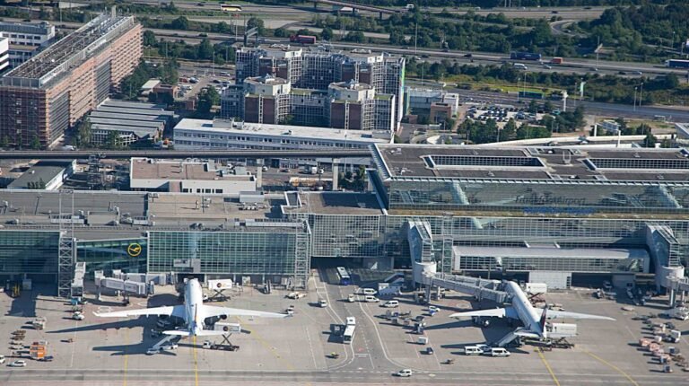 Aerial view of an airport with aircraft parked at gates around a large central terminal.