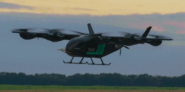 Air Mobility full-scale eVTOL engineering prototype in hover flight above the test site at Gavião Peixoto, Brazil