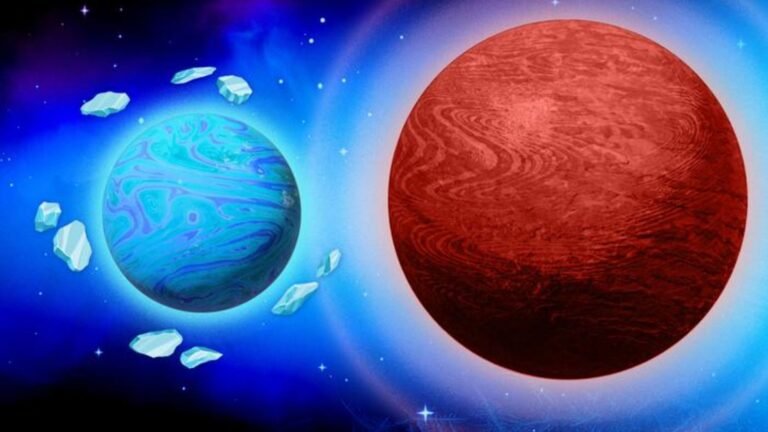 A blue planet on the left surrounded by ice and on the right is a red large planet.