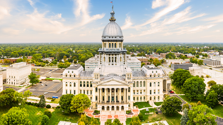 Illinois bills would allow regulator to quash rates :: Insurance Day Drone view of the Illinois State Capitol, in Springfield. Illinois
