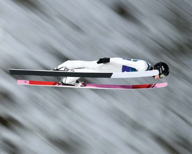 Flight time may possibly be more affected by the rate at which ski jumpers slow down than by the rate at which they lose height. [Credit: U.S. Ski & Snowboard]