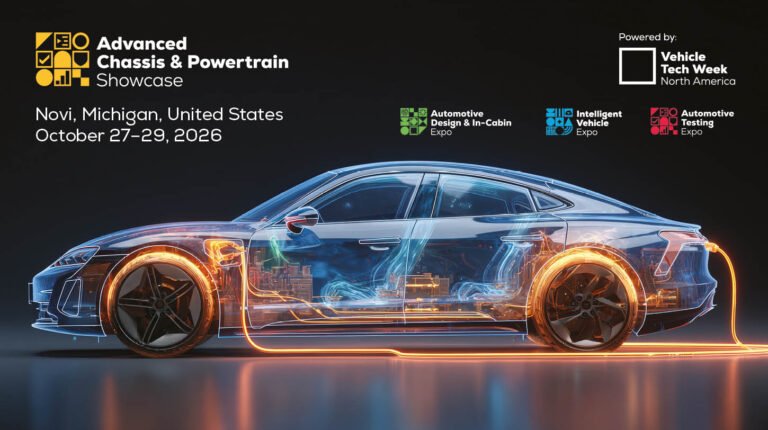 New chassis and powertrain event to launch at Vehicle Tech Week North America 2026 A vehicle with lights demonstrating its connectivity, with Vehicle Tech Week logos on top.