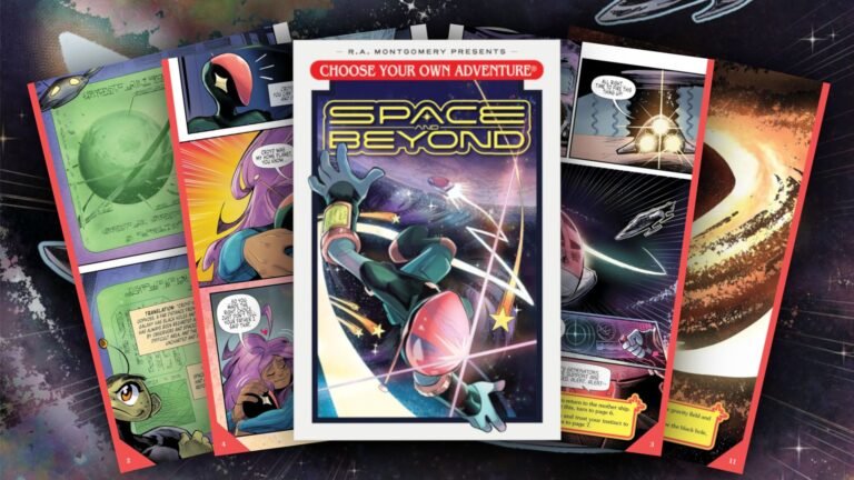 Remember ‘Choose Your Own Adventure’ books? Now there’s a gorgeous graphic novel version heading to ‘Space and Beyond’ (exclusive) Several sci-fi comic book pages fanned out across a space background image.