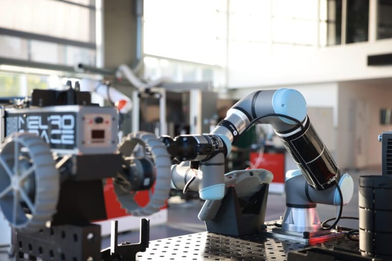 Smart Skin Technology to Protect Robots in Space Robotic arm test platform in laboratory environment. Image via Danish Technological Institute.